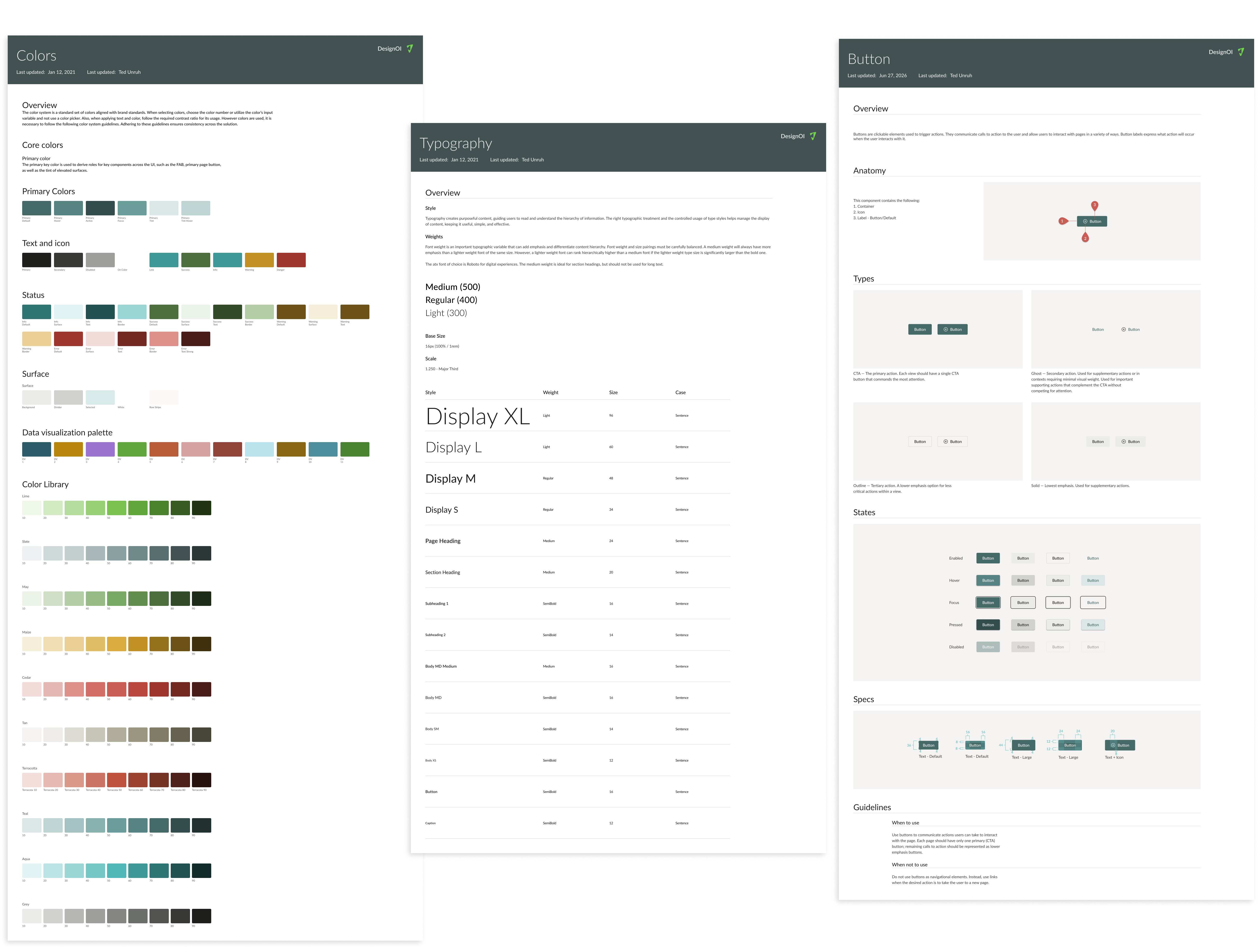 DesignOI color ramp, type scale, and button specification