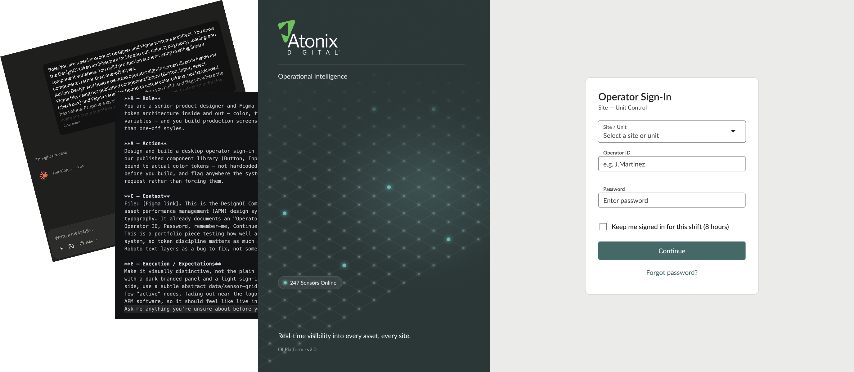 Claude conversation alongside the DesignOI Operational Intelligence login screen designed conversationally