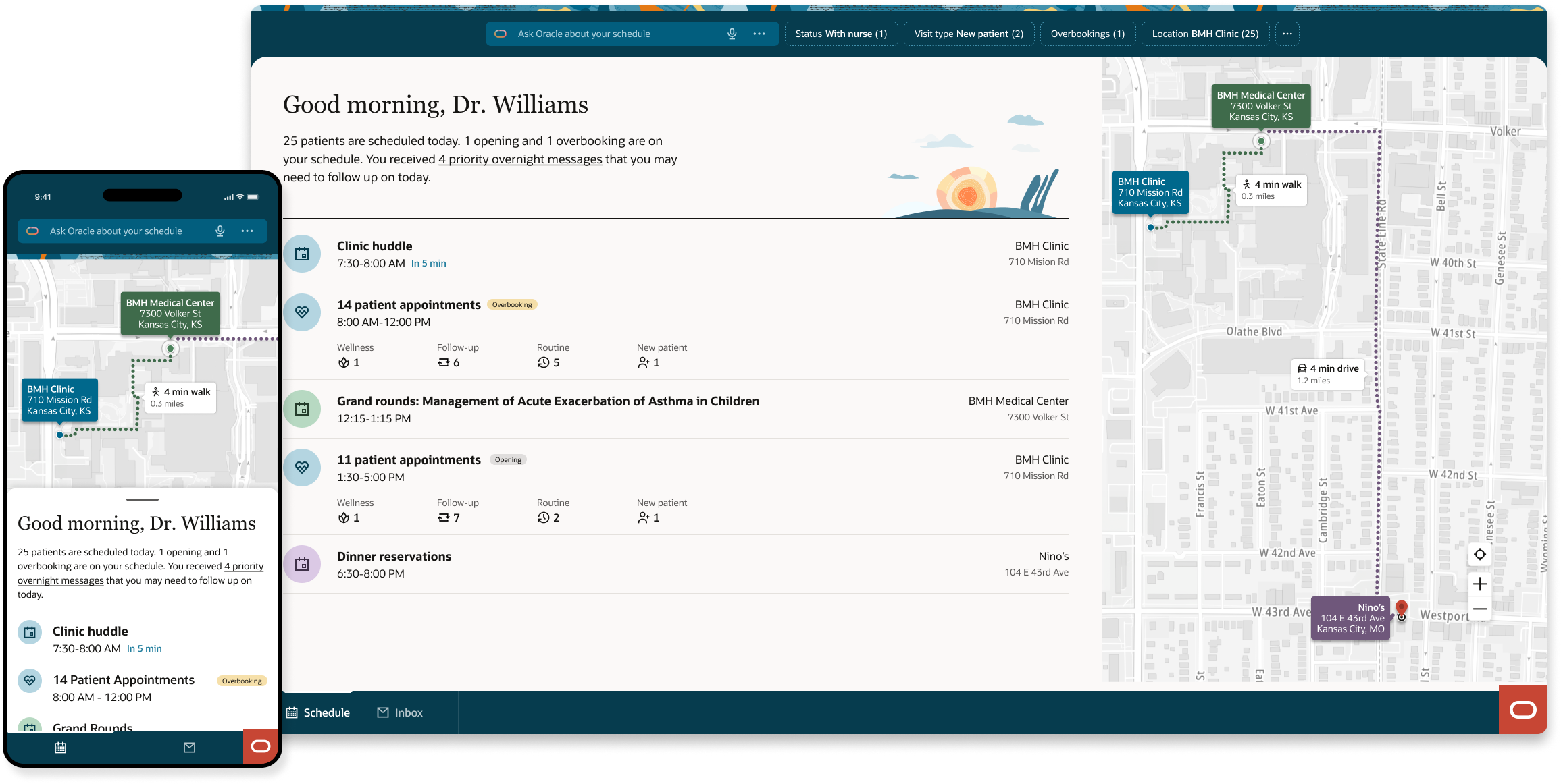 Hero image: the physician daily organizer interface showing the day view and the AI brief at the top, which surfaces critical information about the day's schedule and any priority messages that arrived overnight.