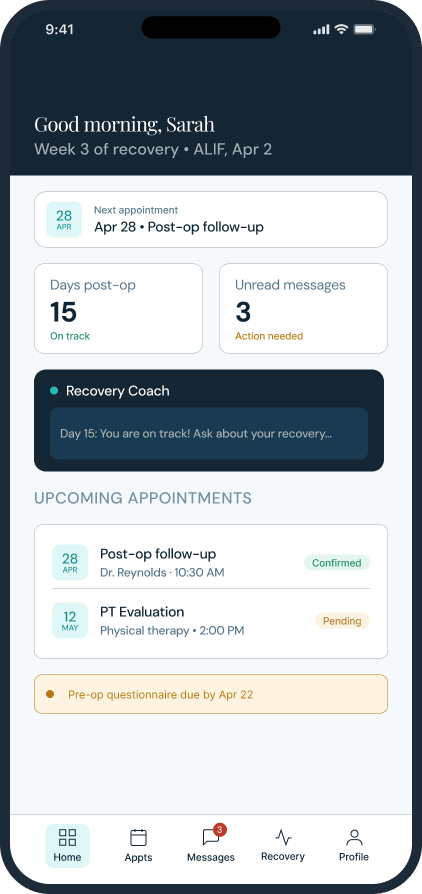 Dashboard screen of the Colorado Spine patient portal