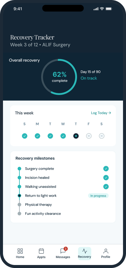Recovery Tracker screen of the Colorado Spine patient portal