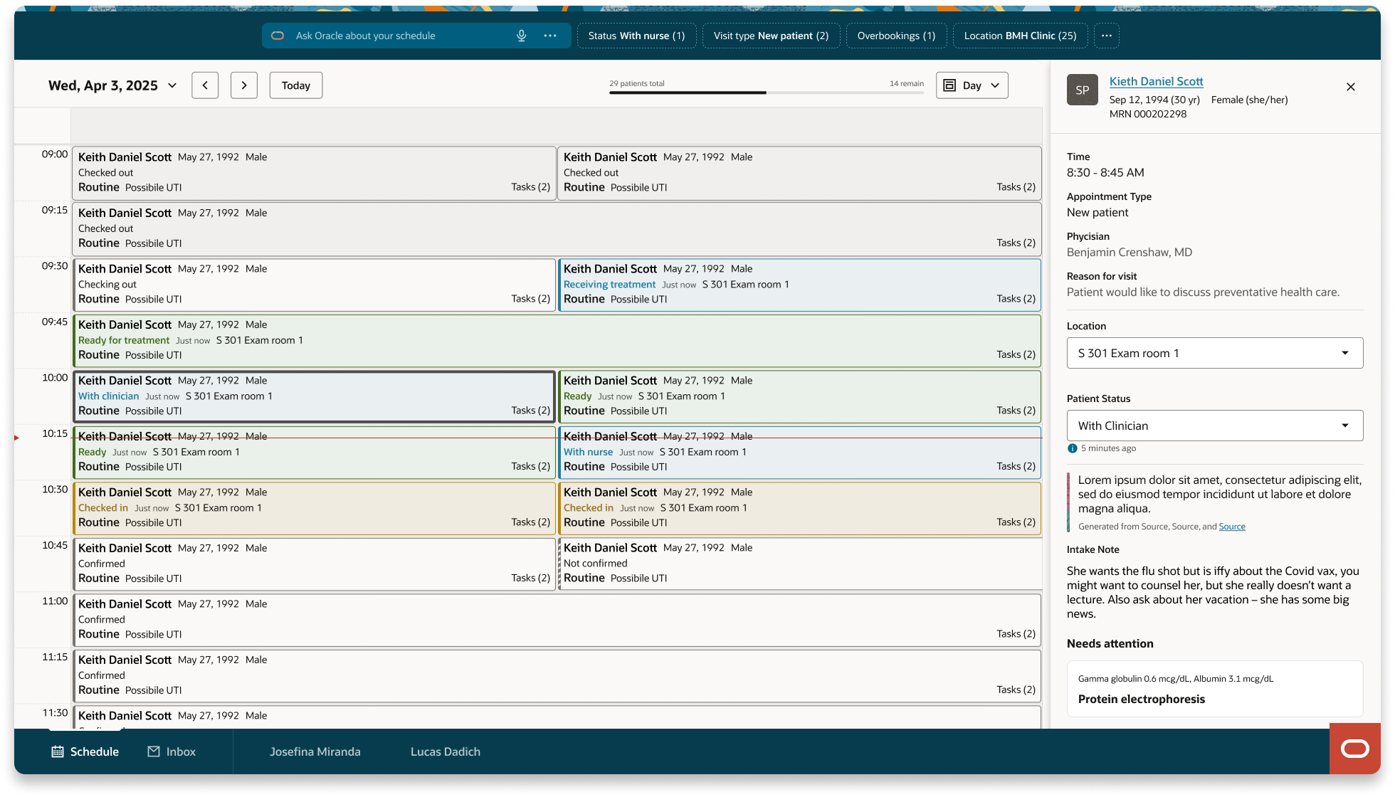 Day view: rapid sequential scanning — every row carries the same information in the same position: time, status badge, patient identity including preferred name and pronouns, visit type, chief complaint, message indicator. Nothing expands.