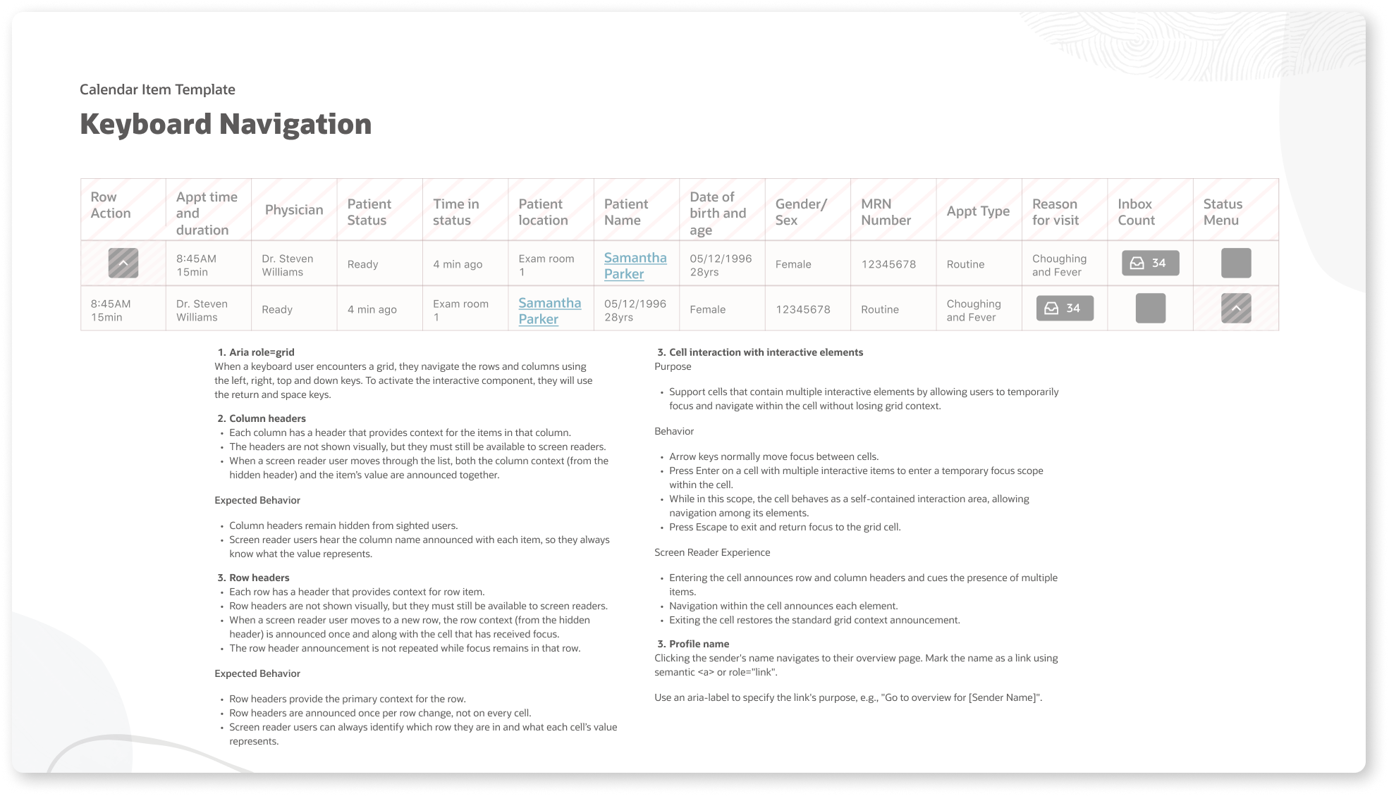 Datagrid semantic model — keyboard navigation structure: the component modeled as a pure semantic datagrid, all visual design stripped to validate that the column structure supports efficient arrow-key navigation before any visual work was applied.
