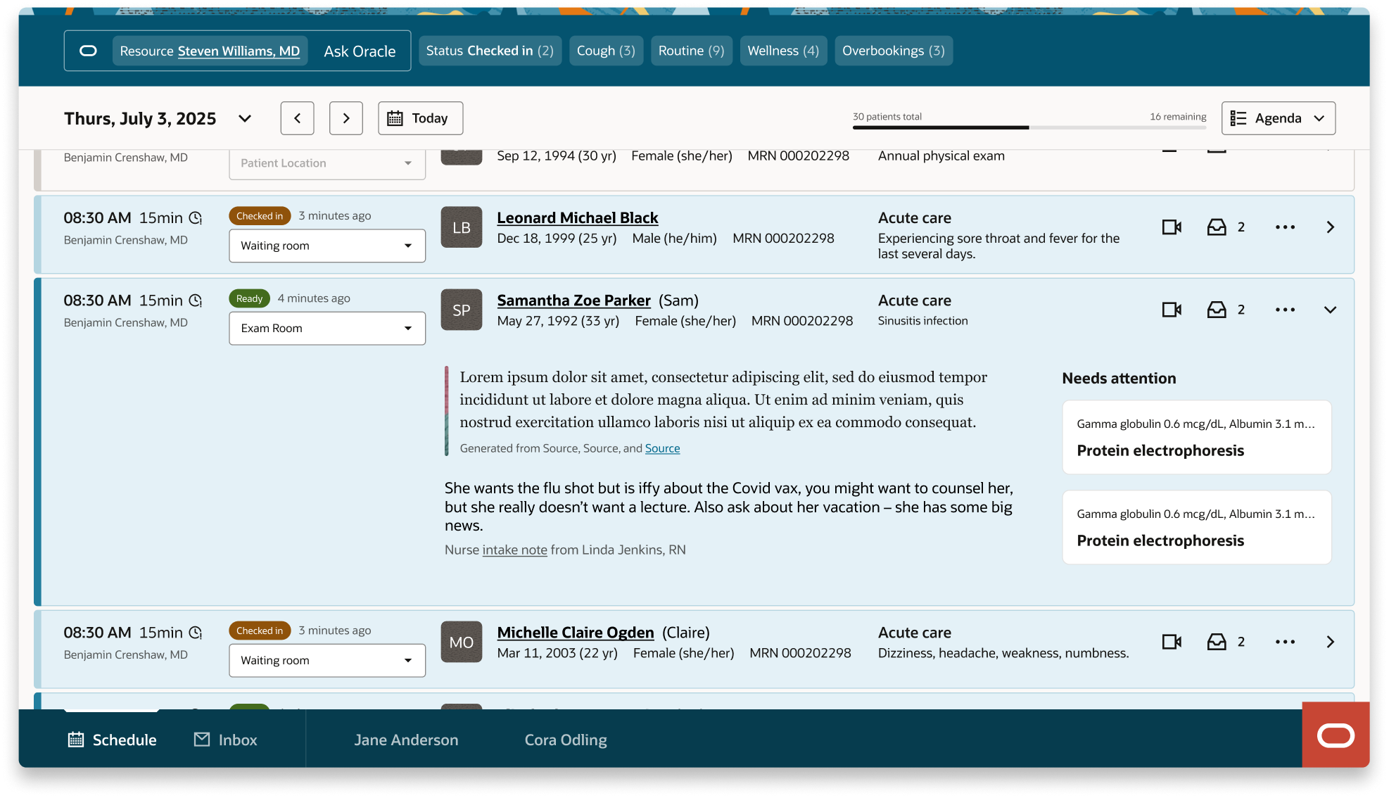 Aspirational fisheye expansion model — heavy anatomy state: the expanded row with full clinical content loaded, visually overwhelming and introducing dozens of focusable elements that destroyed keyboard tab order before reaching the next patient.