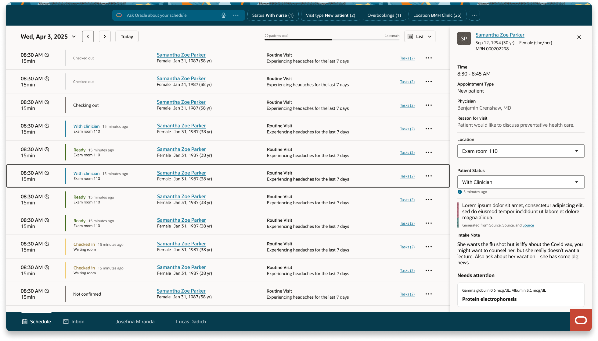 List view: rapid sequential scanning — every row carries the same information in the same position: time, status badge, patient identity including preferred name and pronouns, visit type, chief complaint, message indicator. Nothing expands.