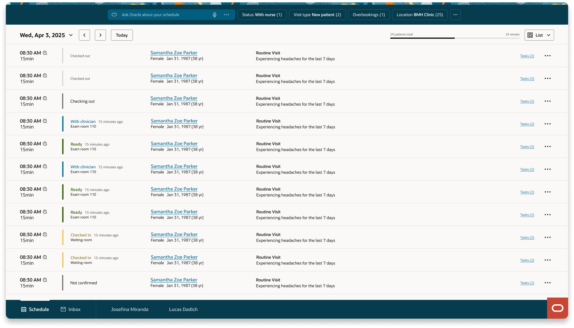 List view: rapid sequential scanning — every row carries the same information in the same position: time, status badge, patient identity including preferred name and pronouns, visit type, chief complaint, message indicator. Nothing expands.