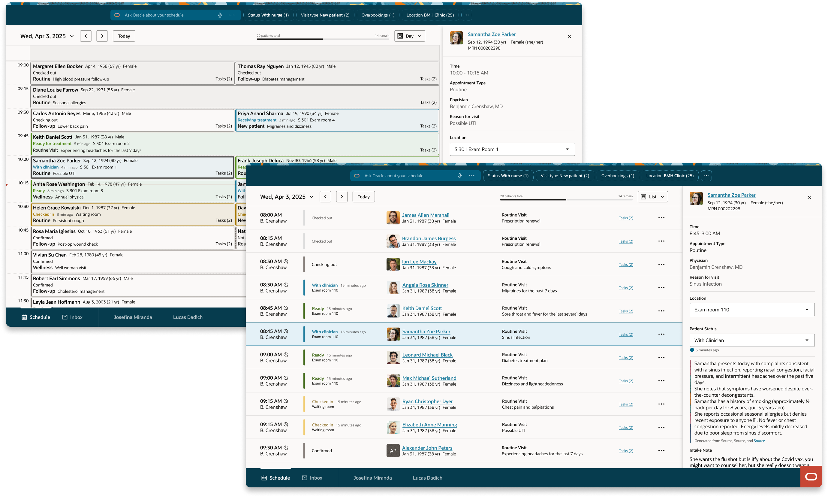 Hero image: the physician daily organizer interface showing the day view and the AI brief at the top, which surfaces critical information about the day's schedule and any priority messages that arrived overnight.